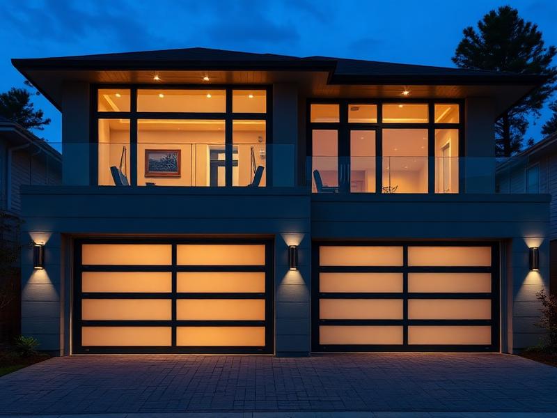Modern aluminum and glass garage doors at twilight